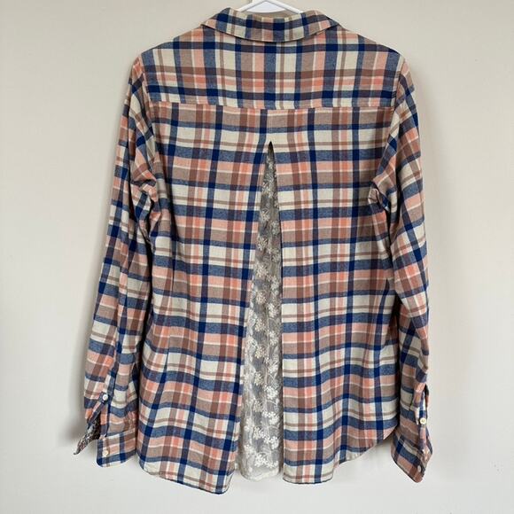 Anthropologie Isabella Sinclair Plaid Shirt Womens MEDIUM Boho Western Lace Back - Picture 8 of 11